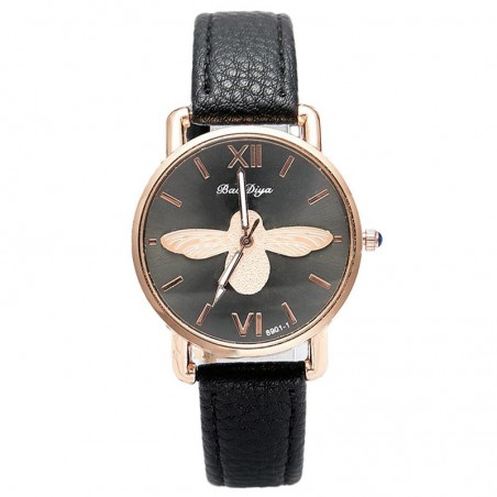Montre abeille pour femme bracelet en cuir horloge à quartz  noir