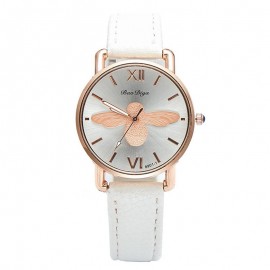 Montre abeille pour femme bracelet en cuir horloge à quartz blanche