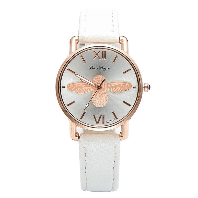 Montre abeille pour femme bracelet en cuir horloge à quartz blanche