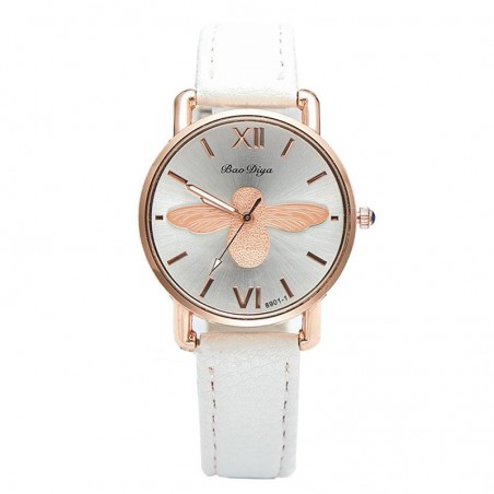Montre abeille pour femme bracelet en cuir horloge à quartz blanche