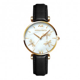 Montre à Quartz pour femme bracelet cuir noir