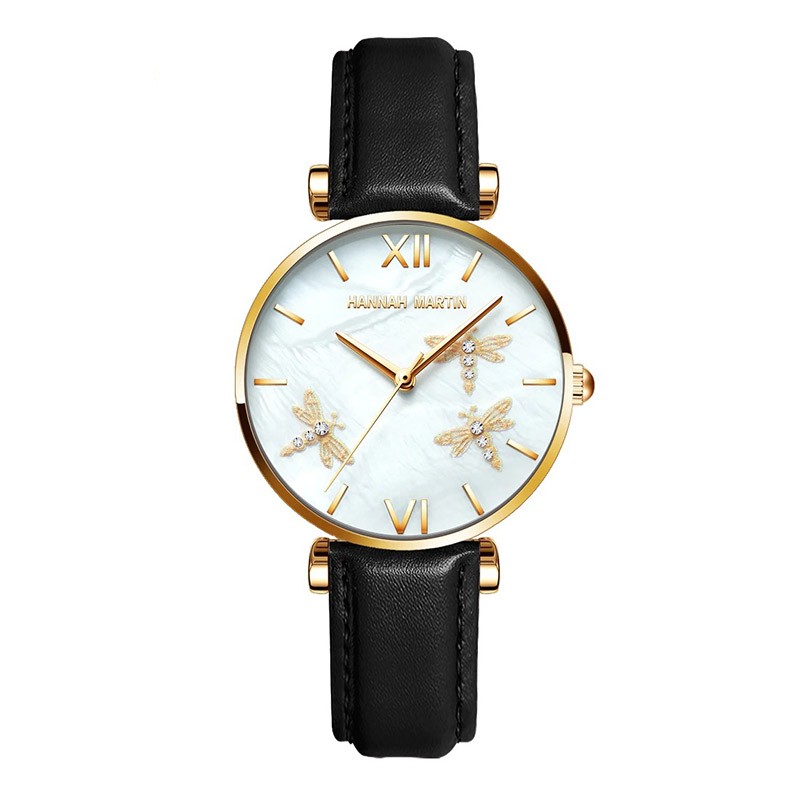 Montre à Quartz pour femme bracelet cuir noir