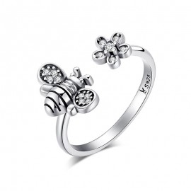 Bague Abeille en argent Sterling 925  taille ajustable avec abeille et fleurs pour femmes  - modele 2