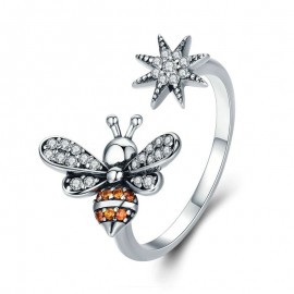 Bague Abeille en argent Sterling 925  taille ajustable avec abeille et fleurs pour femmes  - modele 3