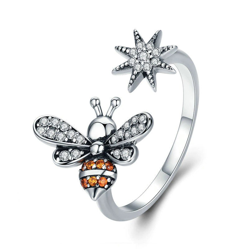 Bague Abeille en argent Sterling 925  taille ajustable avec abeille et fleurs pour femmes  - modele 3
