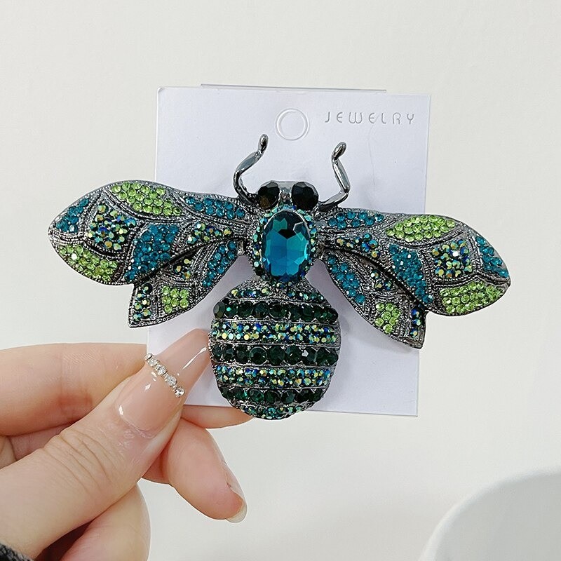 Grande Broche Abeille incrustée de strass vert