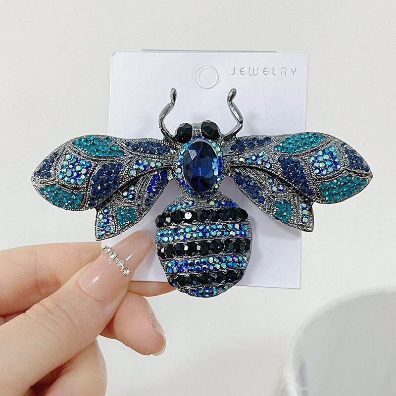 Grande Broche Abeille incrustée de strass bleu