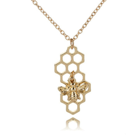 Pendentif nid d'abeille avec abeille qui butine couleur or