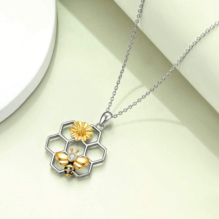 Gold Bee & Sunflower Pendant Necklace with Rhinestone