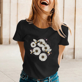 T-shirt fluide pour l'été  abeilles et marguerites - couleur Noir