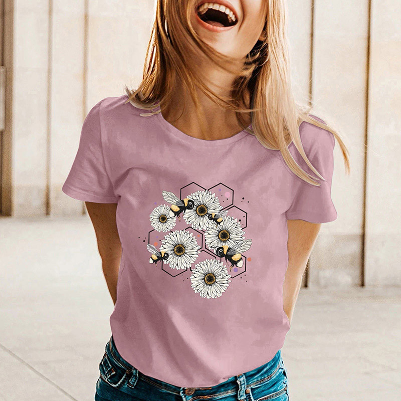 T-shirt abeille à col rond pour l'été à motifs abeilles et marguerites