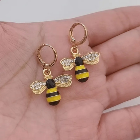 boucle d'oreille abeilles Dormeuses essaim et abeille noire et jaune à dépareiller - modèle 2