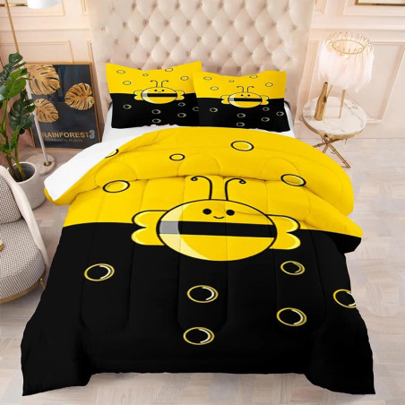 Magnifique Parure de lit imprimée abeille jaune et noire toute ronde