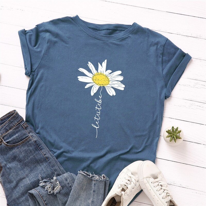 T-Shirt à manches courtes Femme Let it Be imprimé marguerite couleur bleu