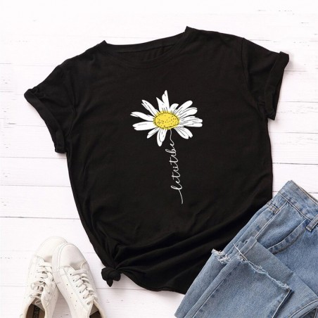 T-Shirt à manches courtes Femme Let it Be imprimé marguerite couleur noir