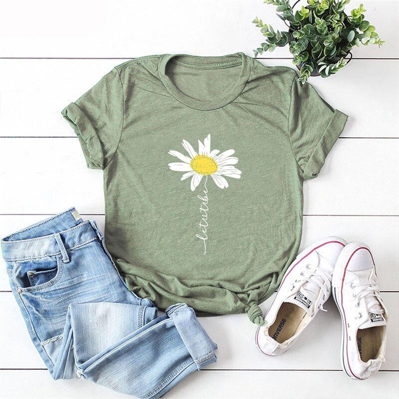 T-Shirt à manches courtes Femme Let it Be imprimé marguerite couleur vert