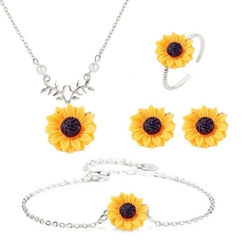 Parure tournesol  boucles d'oreilles, bracelet, pendentif et bague - argent