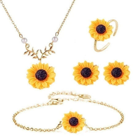 Parure tournesol  boucles d'oreilles, bracelet, pendenatif et bague - or