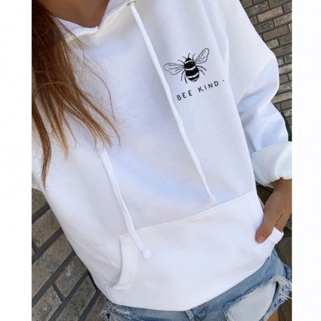 Sweat-shirt Femme à manches longue, capuche et poche ventrale Bee Kind blanc