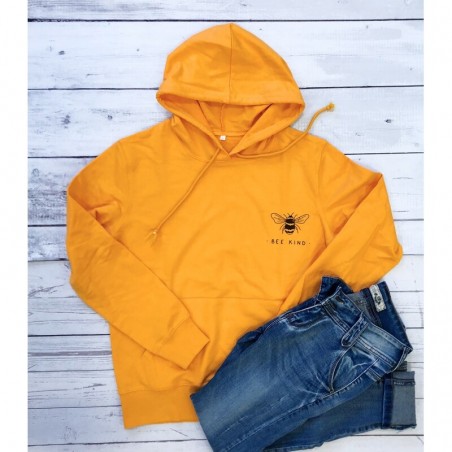 Sweat-shirt Femme à manches longue, capuche et poche ventrale Bee Kind jaune doré