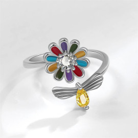 vue dessus de l'abeille qui butine une fleur colorée  bague tournante anti-stress