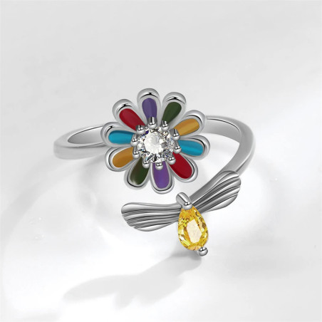 vue dessus de l'abeille qui butine une fleur colorée  bague tournante anti-stress