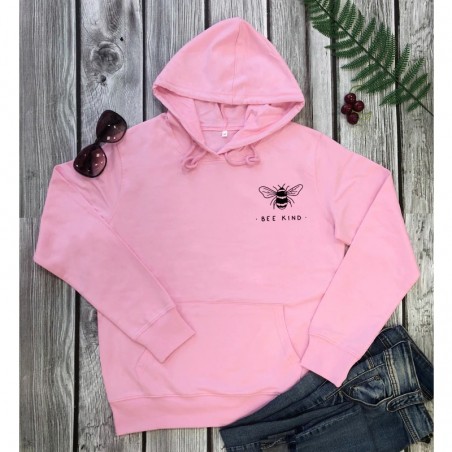 Sweat-shirt Femme à manches longue, capuche et poche ventrale Bee Kind rose