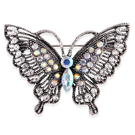 Magnifique Broche Papillon en Strass Couleur Argent