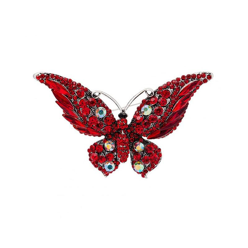 Magnifique Grande Broche Papillon aux ailles travaillées en Cristal Couleur Rouge