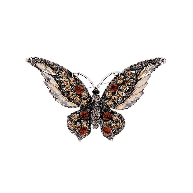 Magnifique Grande Broche Papillon aux ailles travaillées en Cristal Couleur Orange