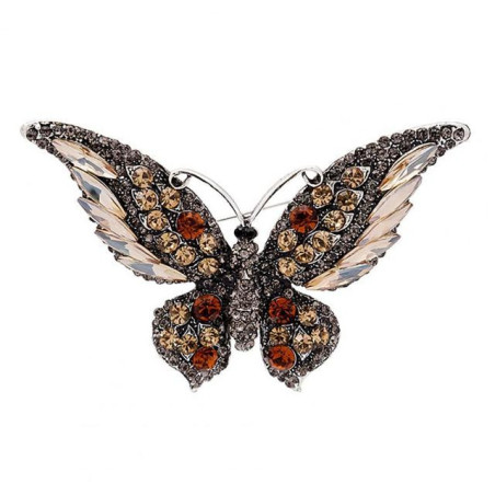 Magnifique Grande Broche Papillon aux ailles travaillées en Cristal Couleur Orange