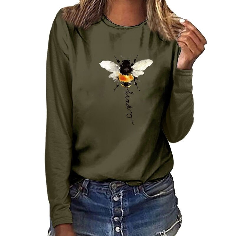 T-shirt manches longues pour femme Bee Kind vert kaki