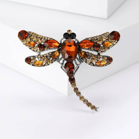 Petite Broche Libellule Ailes Strassées - couleur  marron