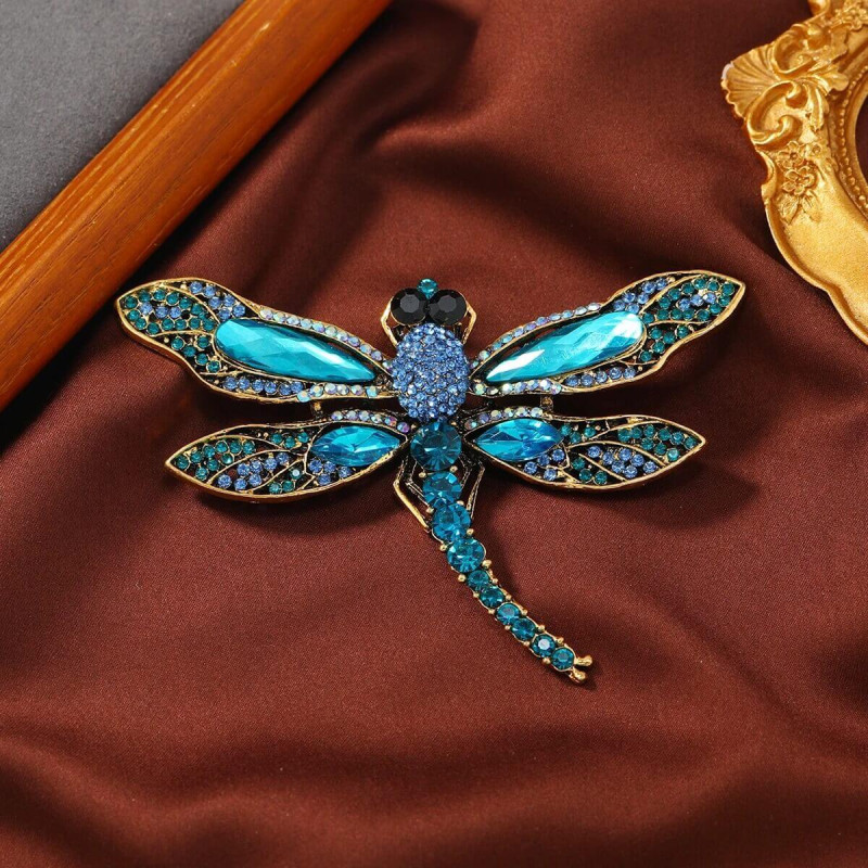 Broche Libellule Vintage Grand format aux ailles double - couleur  bleu
