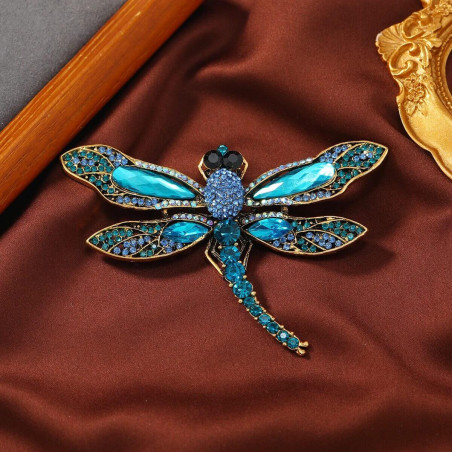 Broche Libellule Vintage Grand format aux ailles double - couleur  bleu