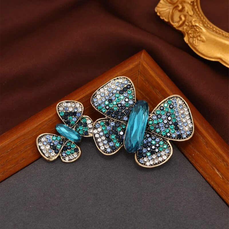 Grande Broche Doubles Papillons Cristal et Strass Couleur Bleu
