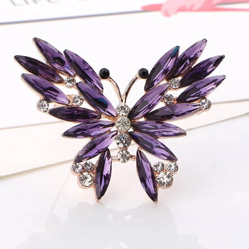 Broche Papillon en Cristaux Effilochés et Strass Couleur Violet