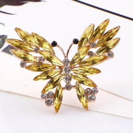 Broche Papillon en Cristaux Effilochés et Strass Couleur Or