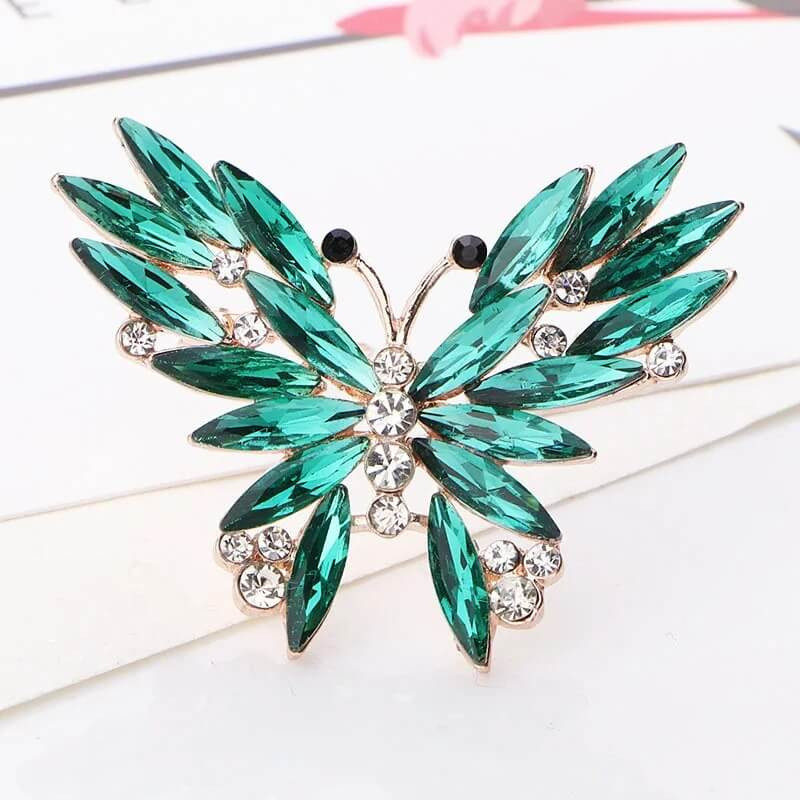 Broche Papillon en Cristaux Effilochés et Strass Couleur Vert