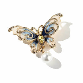 Broche Papillon en Émail avec Pendentif Perle - couleur bleu