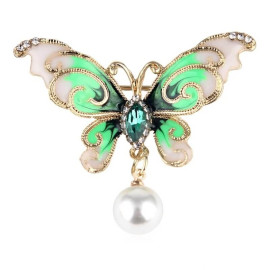Broche Papillon en Émail avec Pendentif Perle - couleur vert