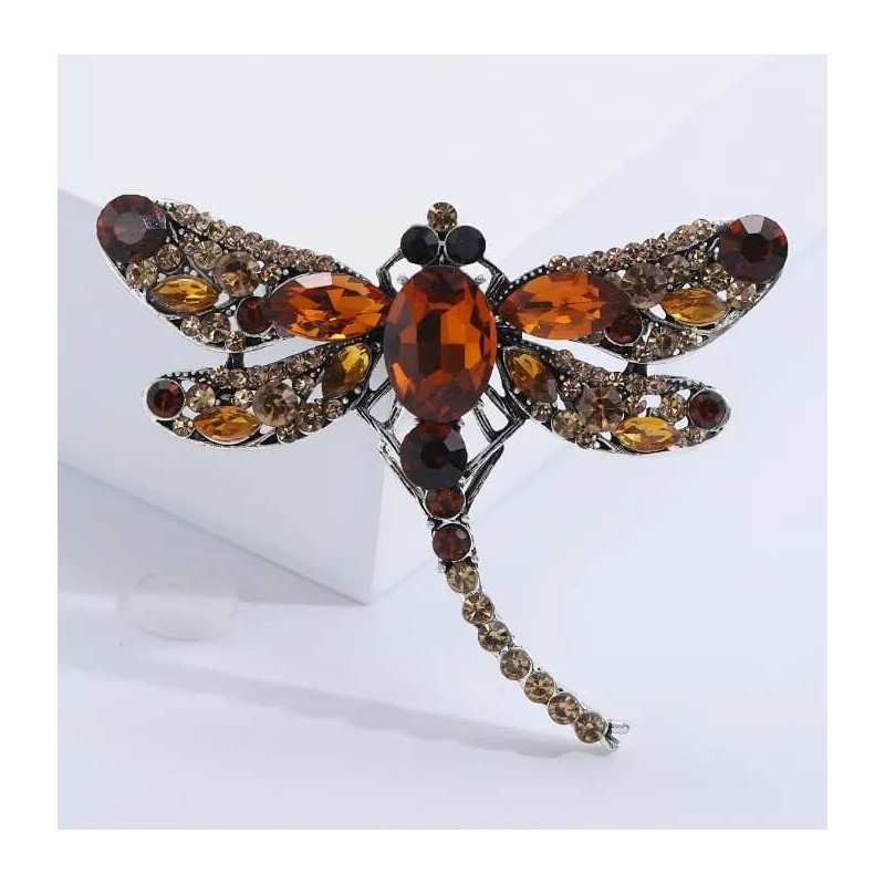 Grande Broche Libellule Ailles en Strass Couleur Marron
