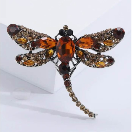 Grande Broche Libellule Ailles en Strass Couleur Marron