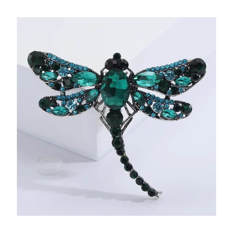 Grande Broche Libellule Ailles en Strass Couleur Vert