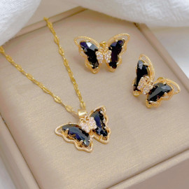 Ensemble Collier et Boucles d'oreilles Papillon Couleur Noir