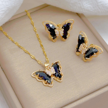 Ensemble Collier et Boucles d'oreilles Papillon Couleur Noir