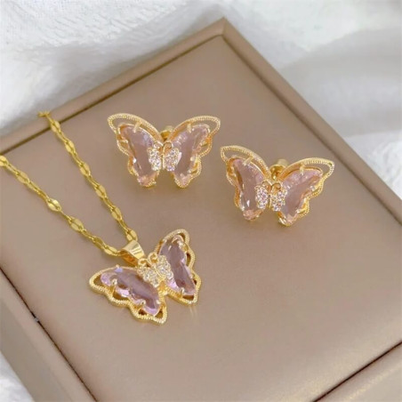 Ensemble Collier et Boucles d'oreilles Papillon Couleur Rose