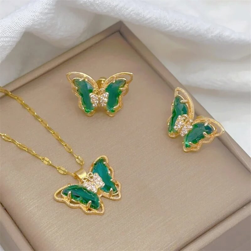 Ensemble Collier et Boucles d'oreilles Papillon Couleur Vert