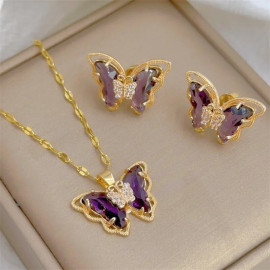 Ensemble Collier et Boucles d'oreilles Papillon Couleur Violet
