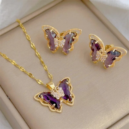 Ensemble Collier et Boucles d'oreilles Papillon Couleur Violet